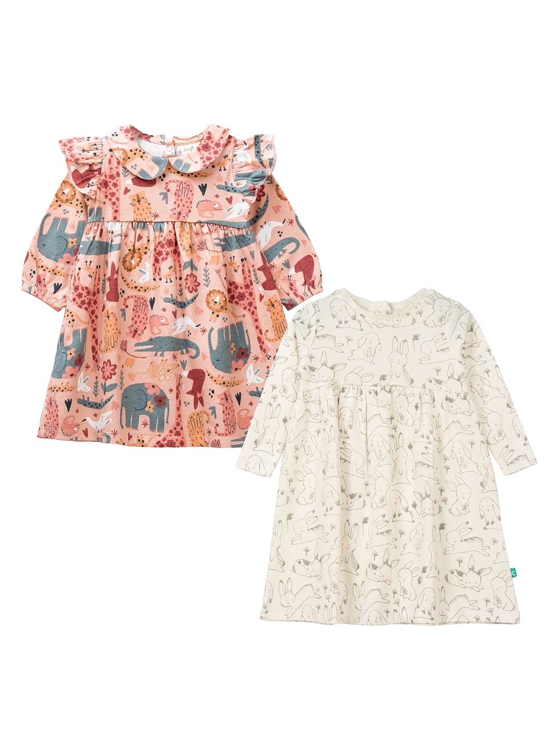 

JusCubs Pack of 2 Off White & Peach-Coloured Printed Cotton A-Line Dress