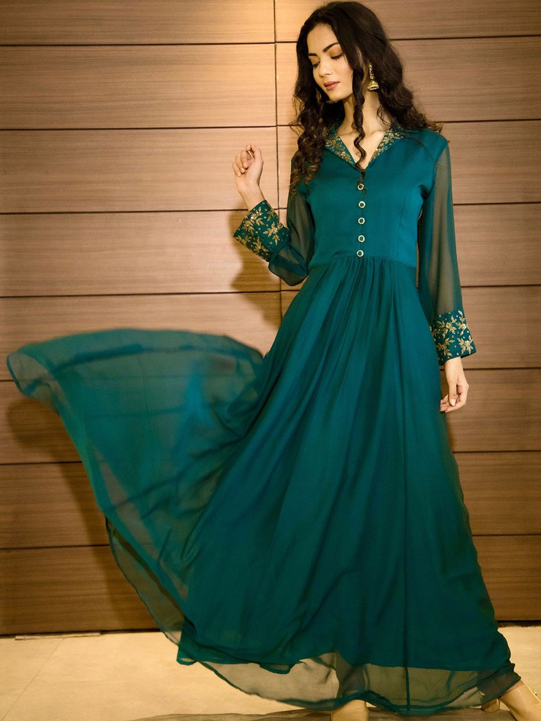 

Label Tamanna Rungta Teal- Blue Embellished Detail Maxi-Length Ethnic Dress