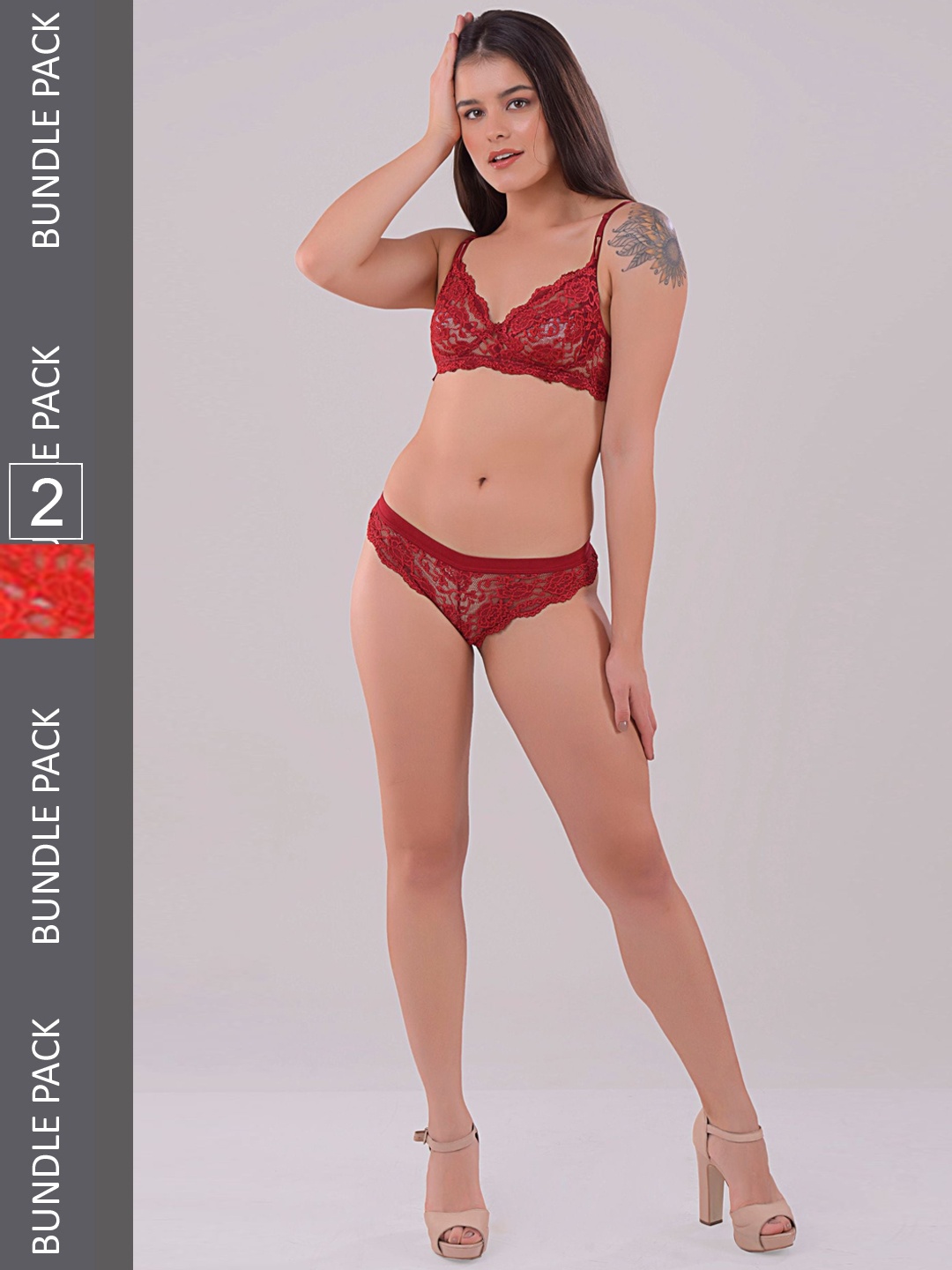 

Apraa & Parma Pack Of 2 Red & Marron Self-designed Laced Lingerie Set