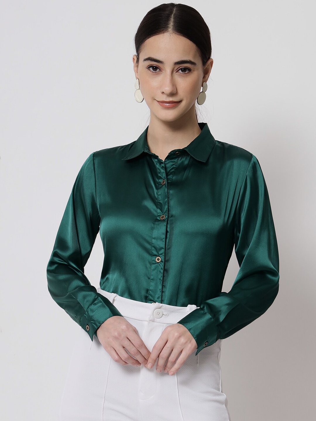 

CHARMGAL Women Green Satin Relaxed Formal Shirt