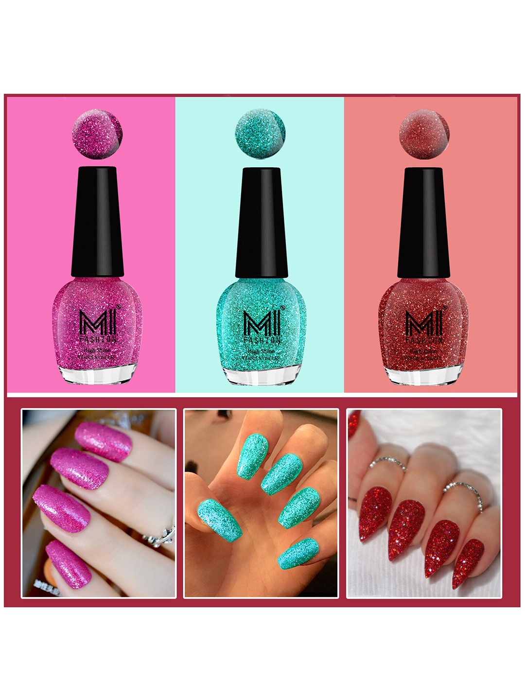 

MI FASHION Vernis A Ongles Set Of 3 High Shine Long-Stay Nail Polish 15ml Each - Blue, Red, Magenta