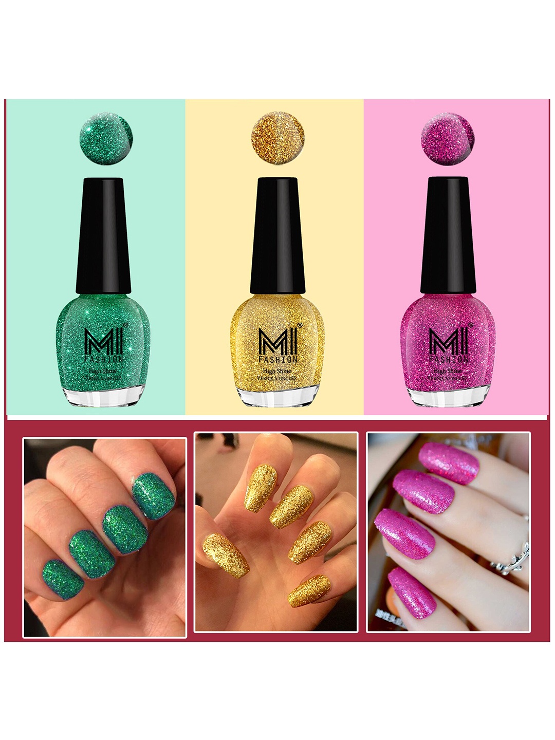 

MI FASHION Vernis A Ongles Set Of 3 High Shine Long-Stay Nail Polish 15ml Each - Golden, Radium, Magenta, Blue