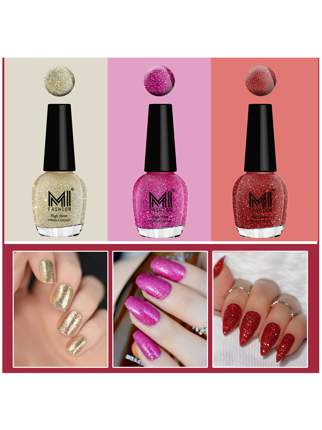 

MI FASHION Vernis A Ongles Set Of 3 High Shine Long-Stay Nail Polish 15ml Each - Silver Gold , Red, Magenta, Pink