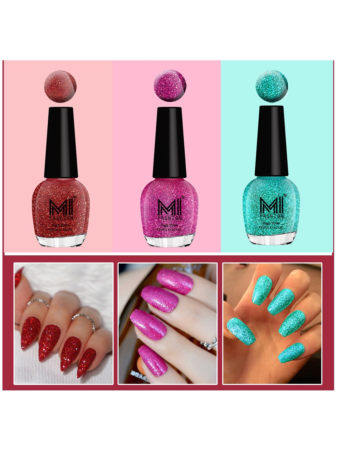 

MI FASHION Vernis A Ongles Set Of 3 High Shine Long-Stay Nail Polish 15ml Each - Blue, Red, Magenta