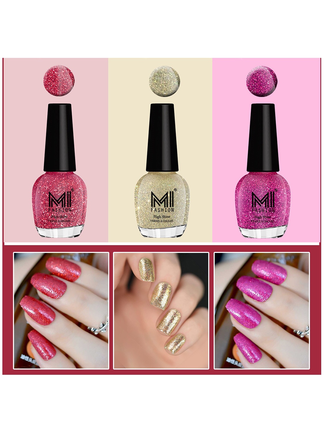 

MI FASHION Vernis A Ongles Set Of 3 High Shine Long-Stay Nail Polish 15ml Each - Pink, Silver Gold, Magenta, Red