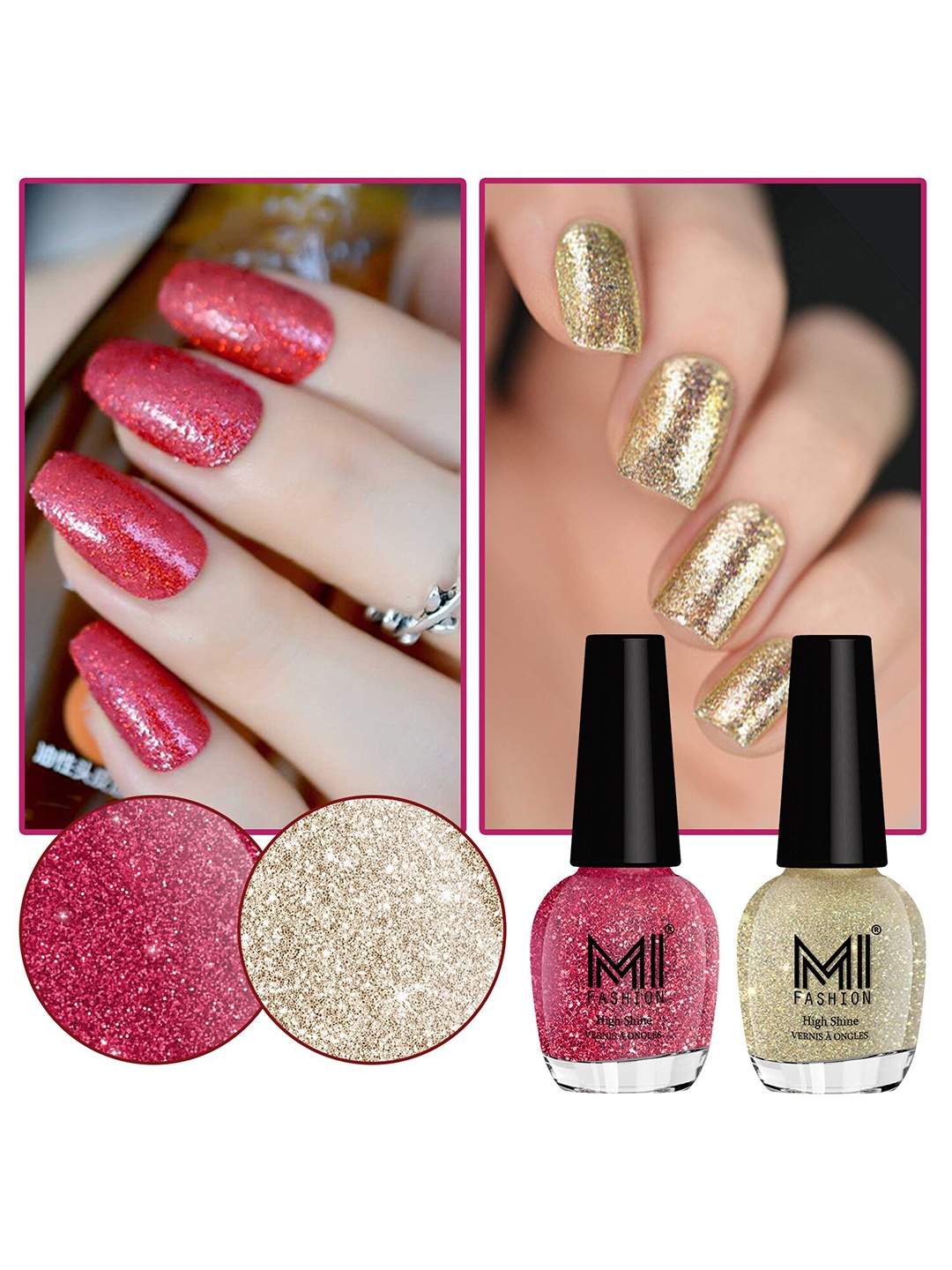 

MI FASHION Vernis A Ongles Set Of 2 High Shine Long-Stay Nail Polish 15ml Each - Pink, Silver Gold