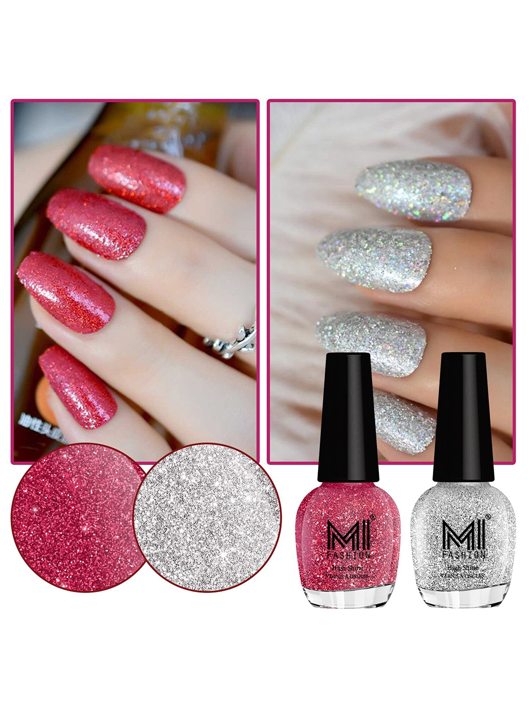 

MI FASHION Vernis A Ongles Set Of 2 High Shine Long-Stay Nail Polish 15ml Each - Pink, Silver