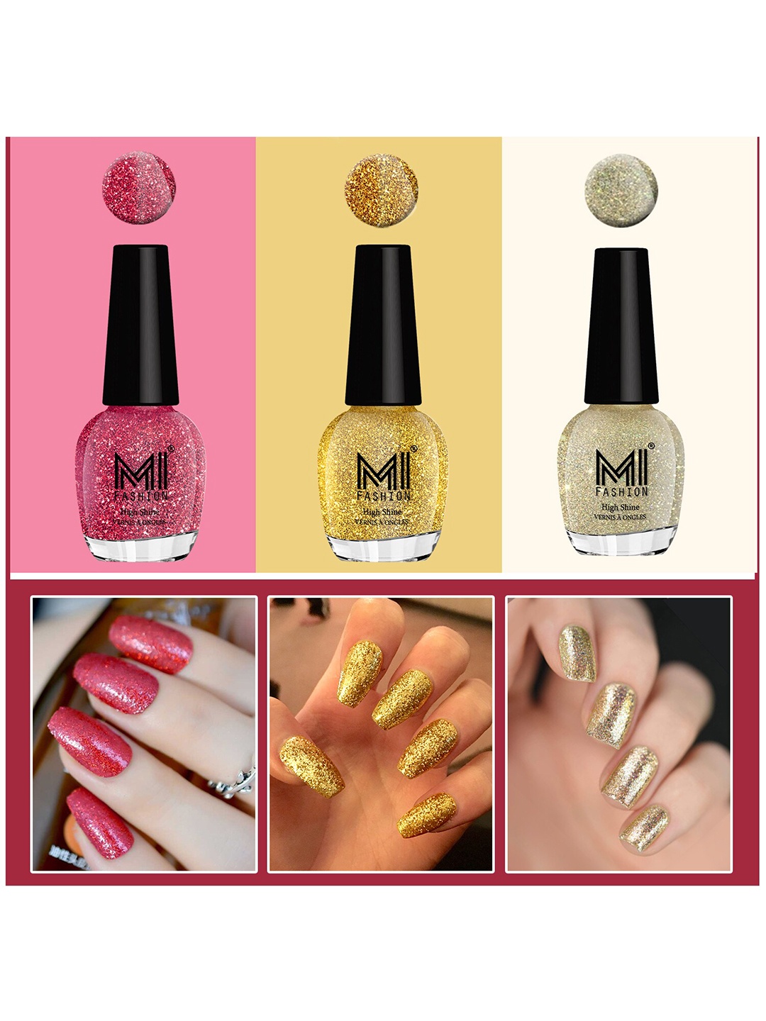 

MI FASHION Vernis A Ongles Set Of 3 High Shine Long-Stay Nail Polish 15ml Each - Golden 786, Pink 787, Silver Gold 789