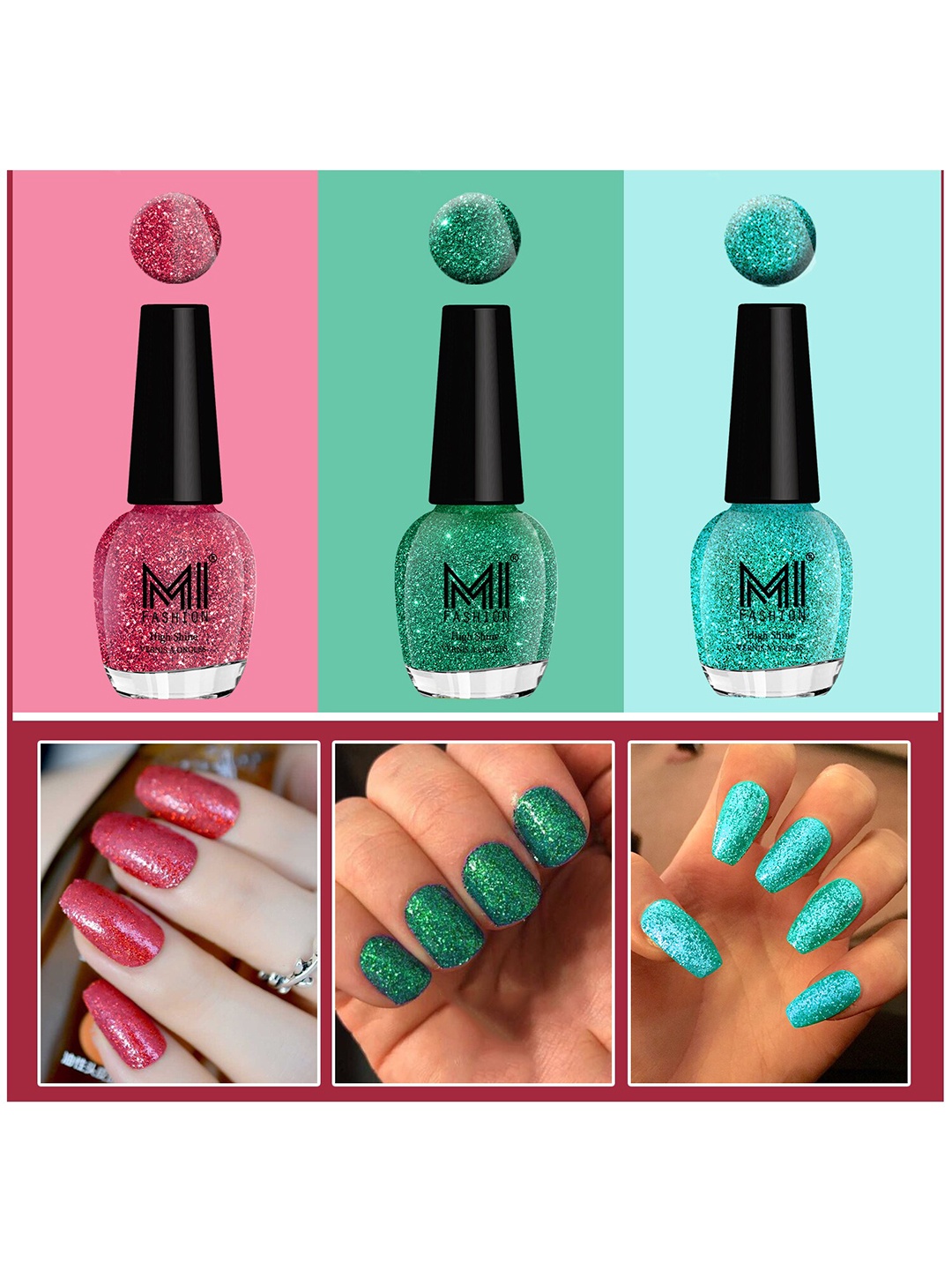 

MI FASHION Vernis A Ongles Set Of 3 High Shine Long-Stay Nail Polish 15ml Each - Pink 787, Radium 790, Blue 791