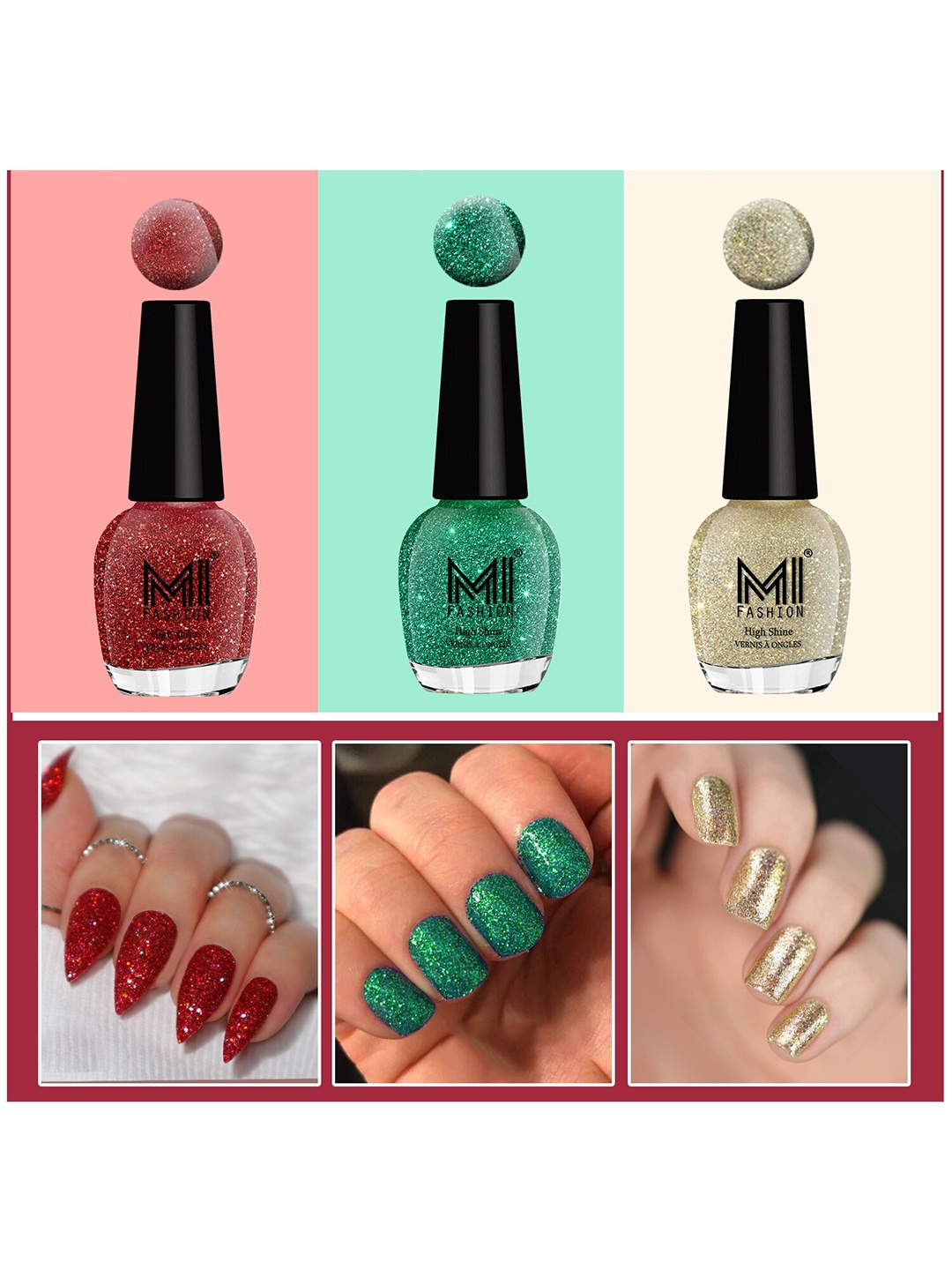 

MI FASHION Vernis A Ongles Set Of 3 High Shine Long-Stay Nail Polish 15ml Each - Silver Gold, Radium, Red