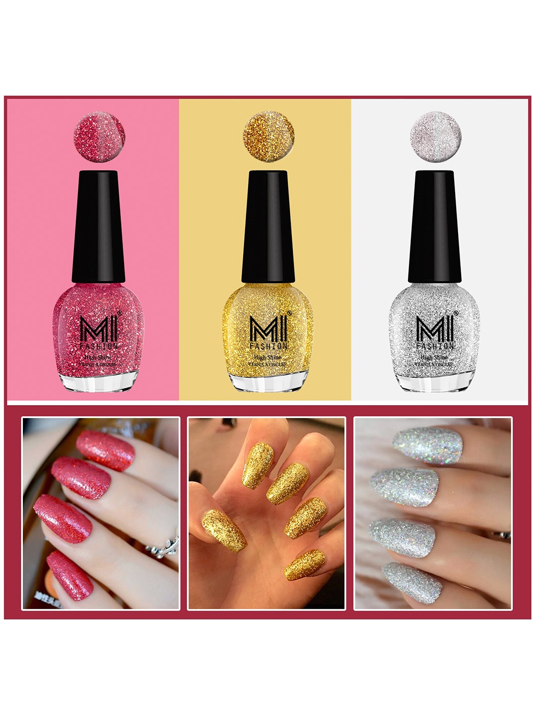 

MI FASHION Vernis A Ongles Set Of 3 Ultra Glass Shine Glitter Nail Polish 15ml Each - Golden 786 - Pink 787 - Silver 788, Gold