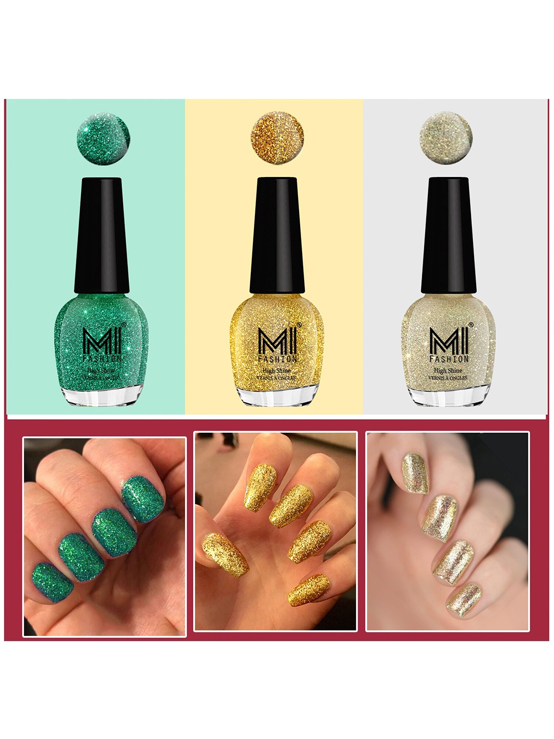 

MI FASHION Set Of 3 Ultra Glass High Shine Glitter Long Stay Nail Polish - 15ml Each, Green