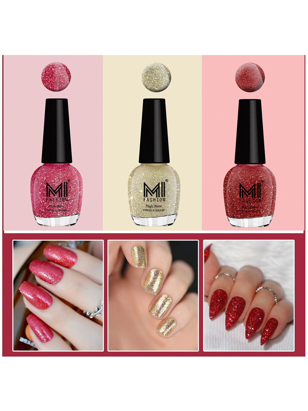 

MI FASHION Set Of 3 Ultra Glass High Shine Glitter Long Stay Nail Polish - 15ml Each, Red