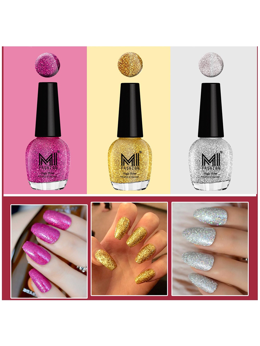 

MI FASHION Set Of 3 Ultra Glass High Shine Glitter Long Stay Nail Polish - 15ml Each, Magenta