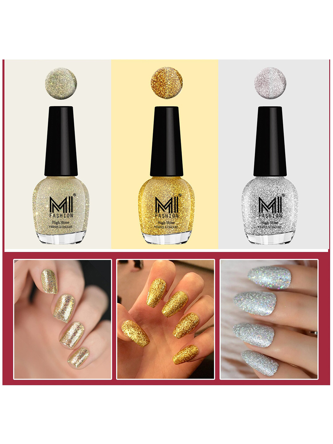 

MI FASHION Set Of 3 Ultra Glass High Shine Glitter Long Stay Nail Polish - 15ml Each, Gold