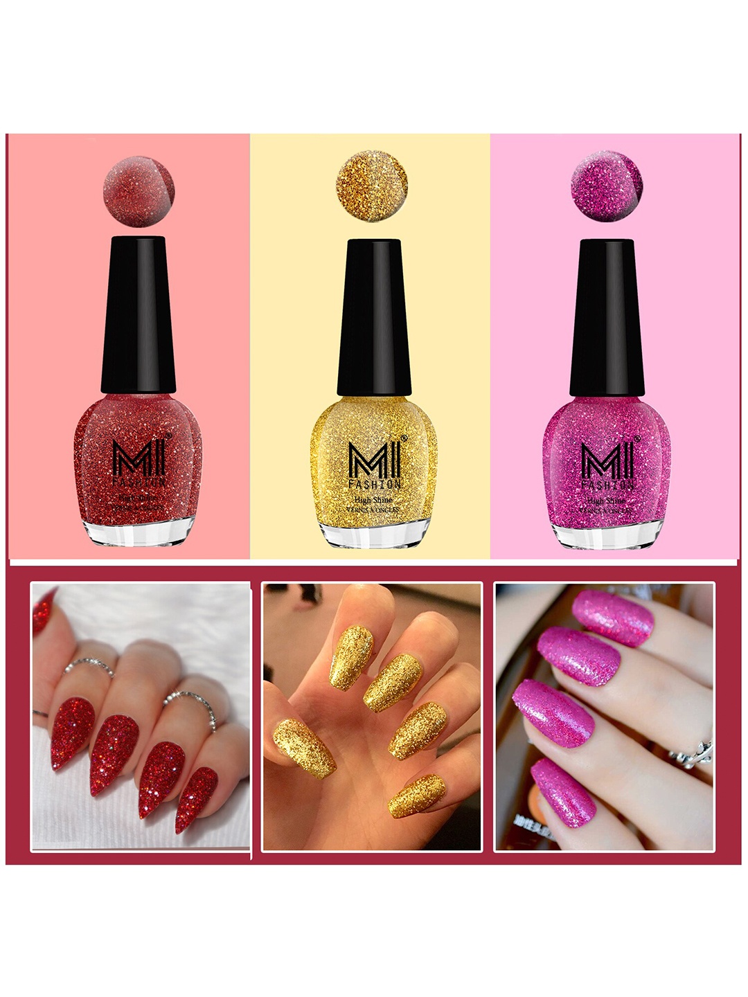 

MI FASHION Set Of 3 Ultra Glass High Shine Glitter Long Stay Nail Polish - 15ml Each, Red