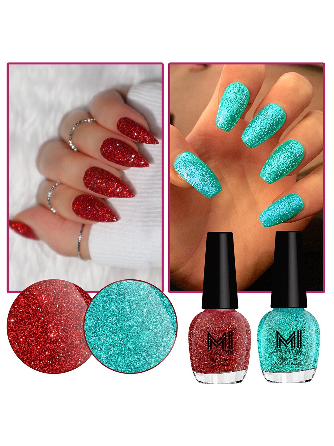 

MI FASHION Set Of 2 Ultra Glass High Shine Glitter Long Stay Nail Polish - 15ml Each, Blue