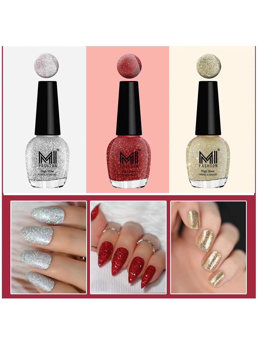 

MI FASHION Set Of 3 Ultra Glass High Shine Glitter Long Stay Nail Polish - 15ml Each, Silver