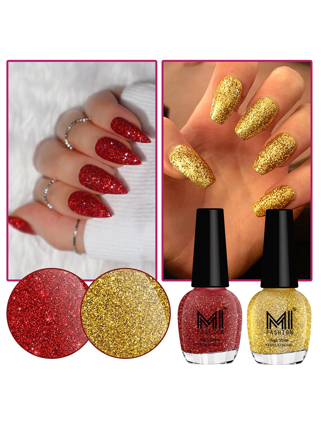 

MI FASHION Set Of 2 Ultra Glass High Shine Glitter Long Stay Nail Polish - 15ml Each, Red