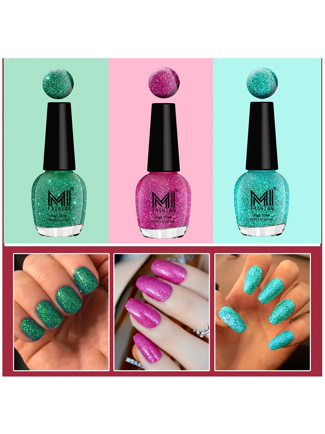 

MI FASHION Set Of 3 Ultra Glass High Shine Glitter Long Stay Nail Polish - 15ml Each, Green