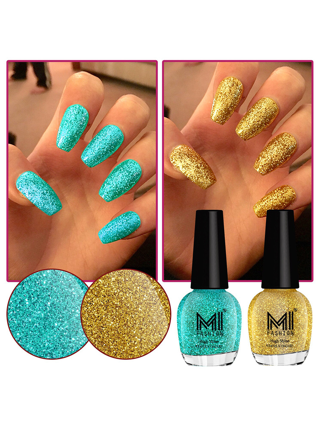 

MI FASHION Set Of 2 Ultra Glass High Shine Glitter Long Stay Nail Polish - 15ml Each, Blue