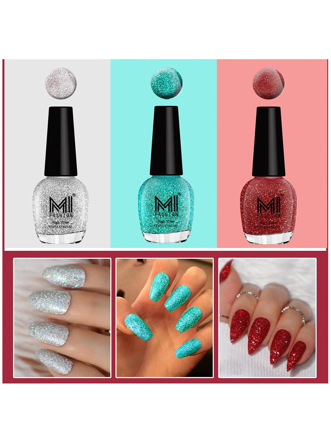 

MI FASHION Set Of 3 Ultra Glass High Shine Glitter Long Stay Nail Polish - 15ml Each, Red