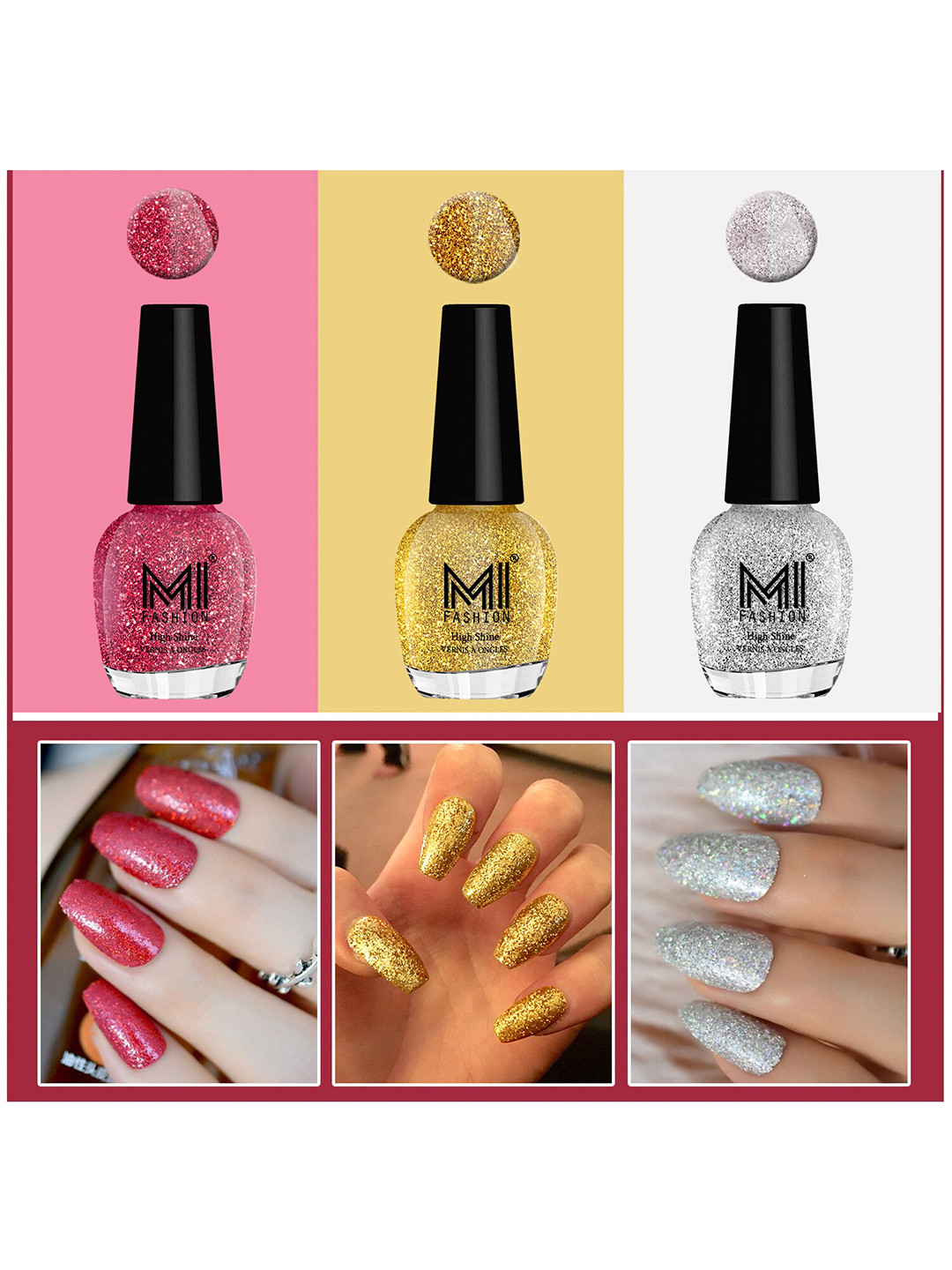 

MI FASHION Set of 3 Vernis A Ongles High Shine Glitter Nail Polish - 15 ml each, Pink