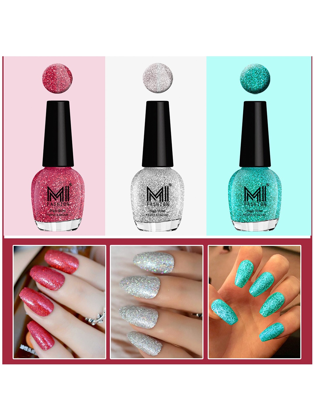 

MI FASHION Set of 3 Vernis A Ongles High Shine Glitter Nail Polish - 15 ml each, Pink