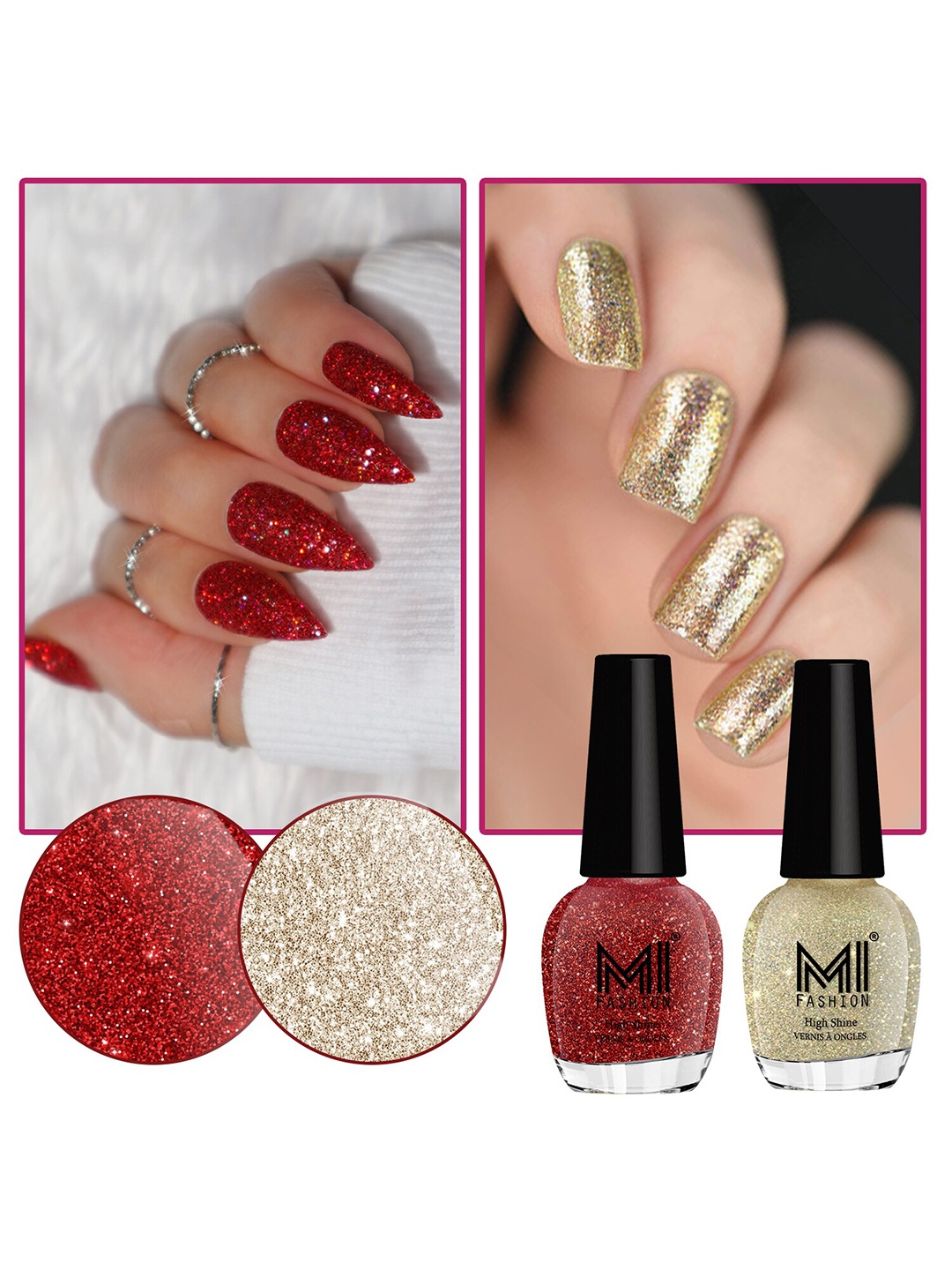 

MI FASHION Set of 2 Vernis A Ongles High Shine Glitter Nail Polish - 15 ml each, Red