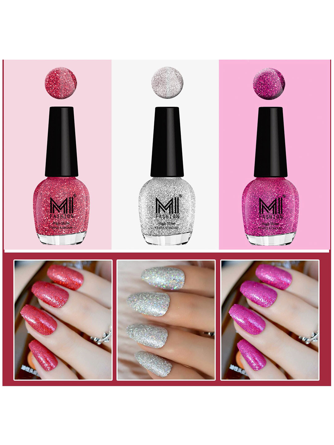 

MI FASHION Set of 3 Vernis A Ongles High Shine Glitter Nail Polish - 15 ml each, Pink
