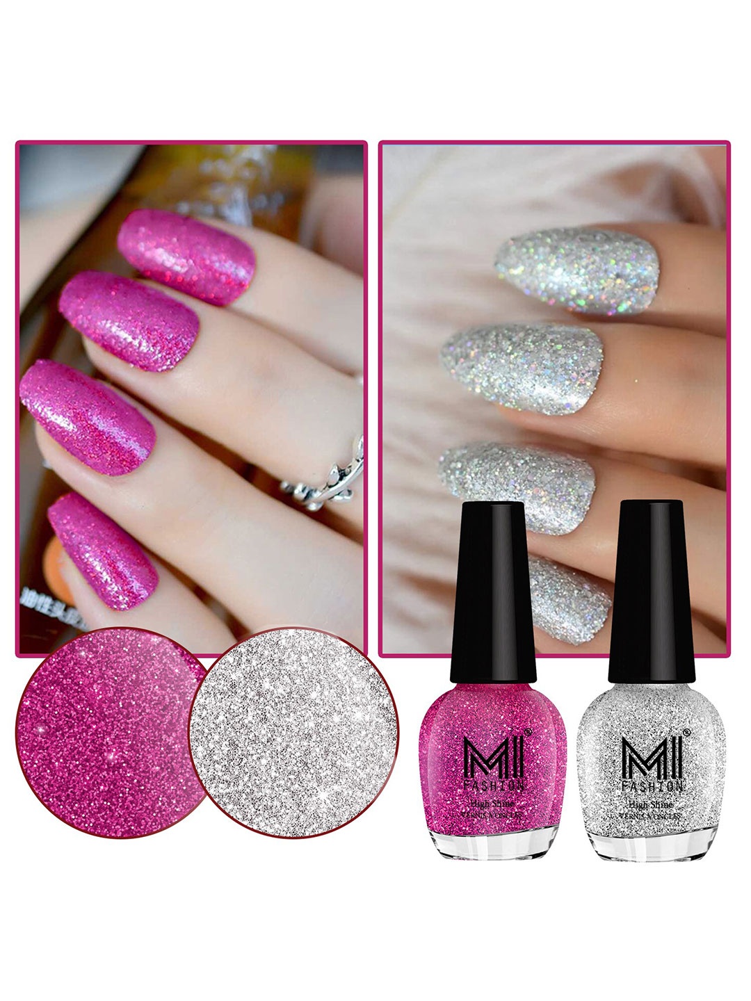 

MI FASHION Set of 2 Vernis A Ongles High Shine Glitter Nail Polish - 15 ml each, Pink