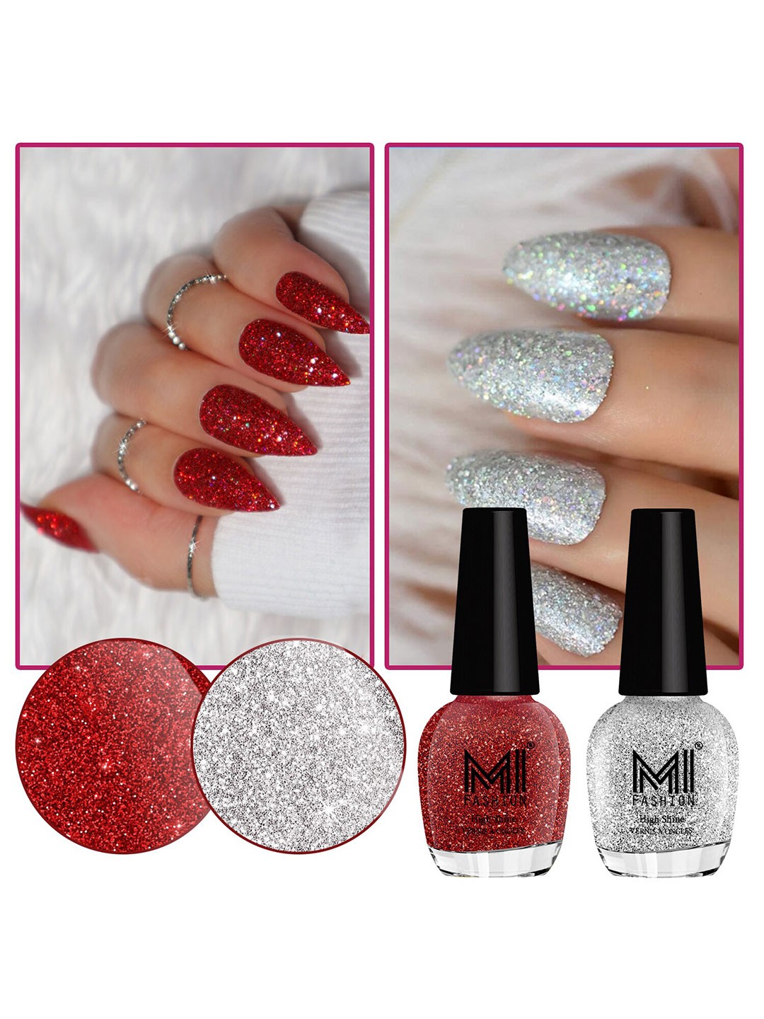 

MI FASHION Set of 2 Vernis A Ongles High Shine Glitter Nail Polish - 15 ml each, Red