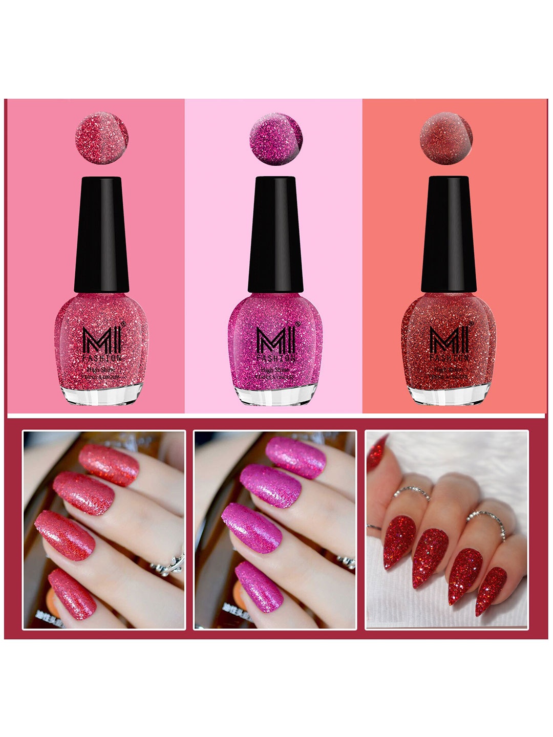 

MI FASHION Set of 3 Vernis A Ongles High Shine Glitter Nail Polish - 15 ml each, Red