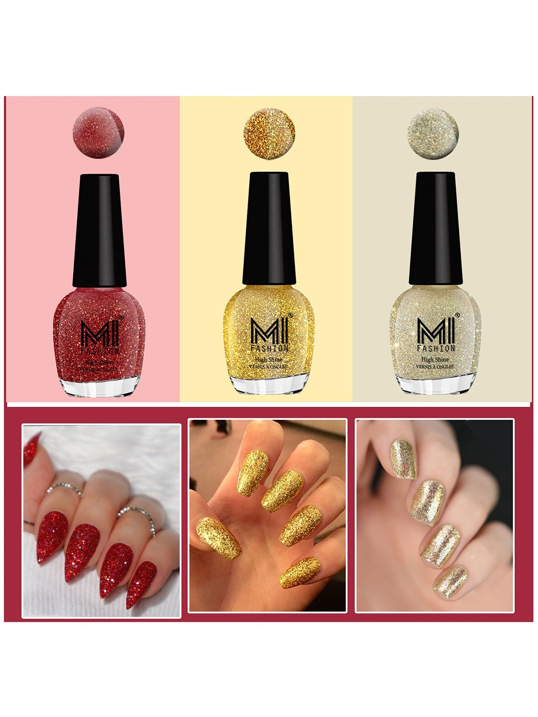 

MI FASHION Set of 3 Vernis A Ongles High Shine Glitter Nail Polish - 15 ml each, Red