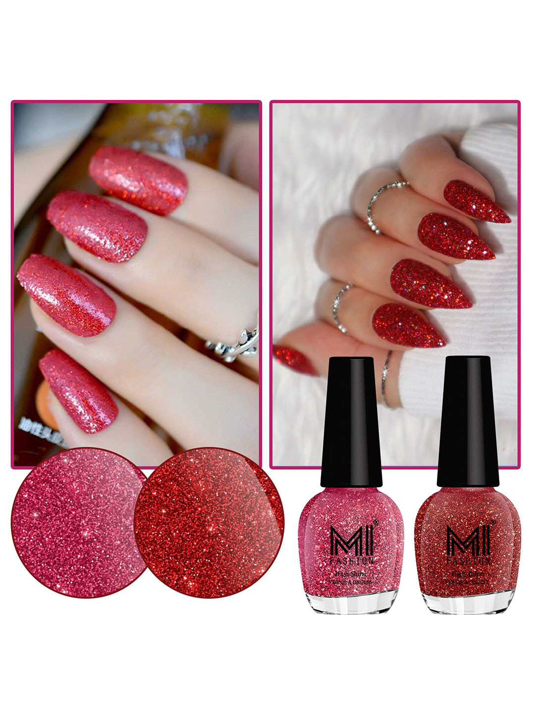 

MI FASHION Set of 2 Vernis A Ongles High Shine Glitter Nail Polish - 15 ml each, Red