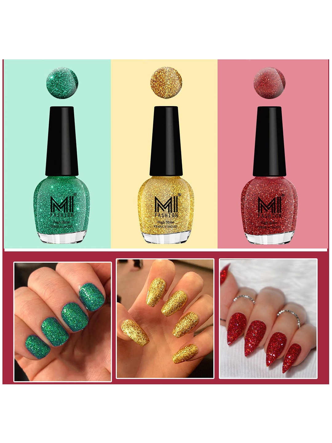 

MI FASHION Set of 3 High Shine Vernis A Ongles Nail Polish 15ml Each - 786, 790, 792, Green