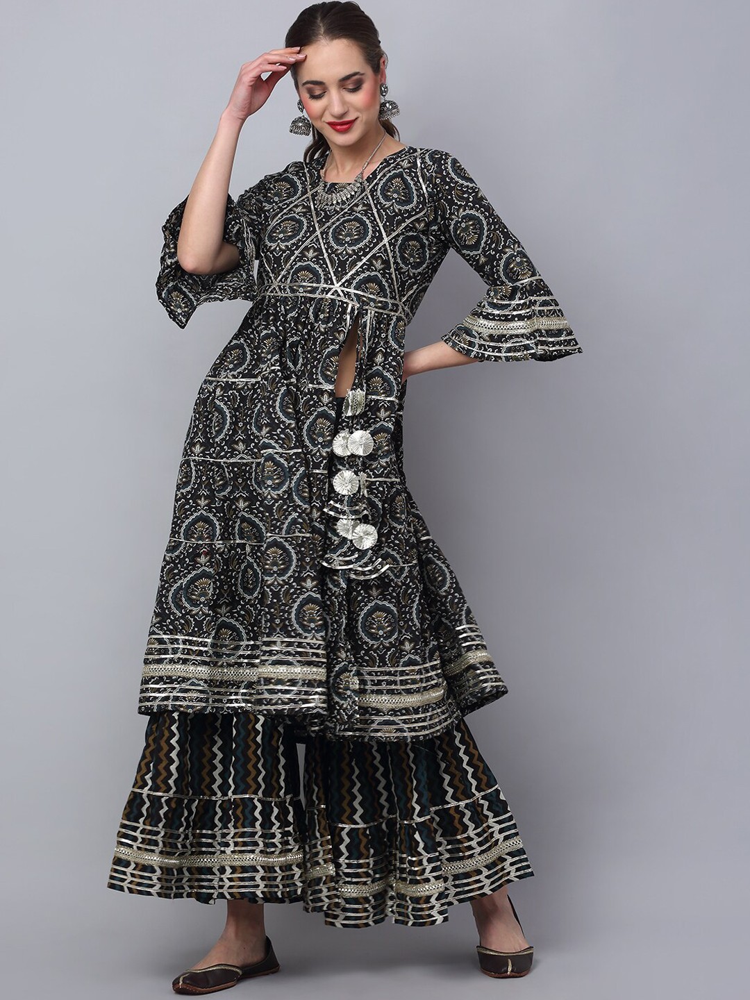 

Rudra Bazaar Women Black Floral Printed Angrakha Gotta Patti Pure Cotton Kurta with Sharara