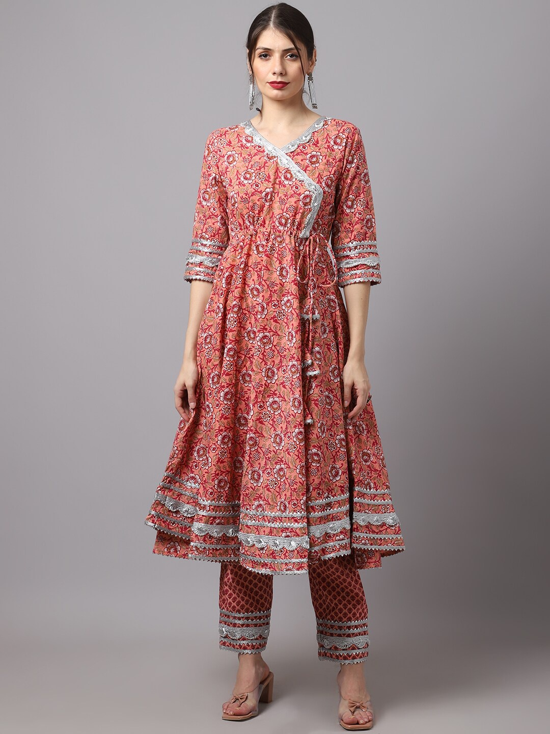 

Rudra Bazaar Women Pink Floral Printed Angrakha Pure Cotton Kurta with Trousers