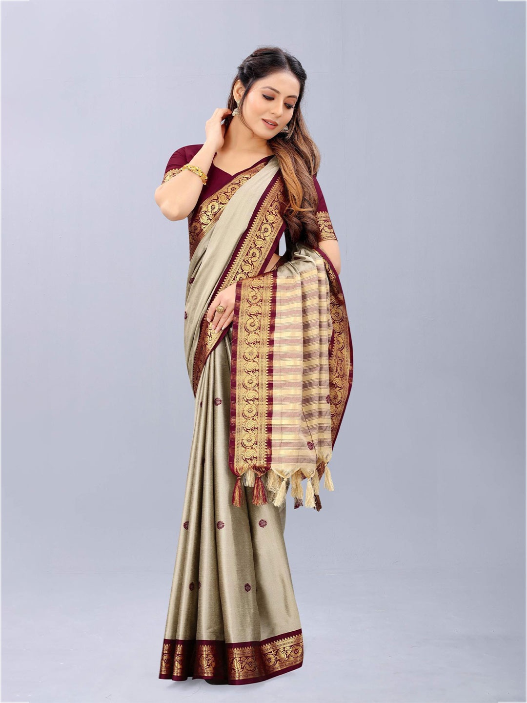 

Paramparik Textile Beige & Maroon Woven Design Zari Pure Silk Dharmavaram Saree