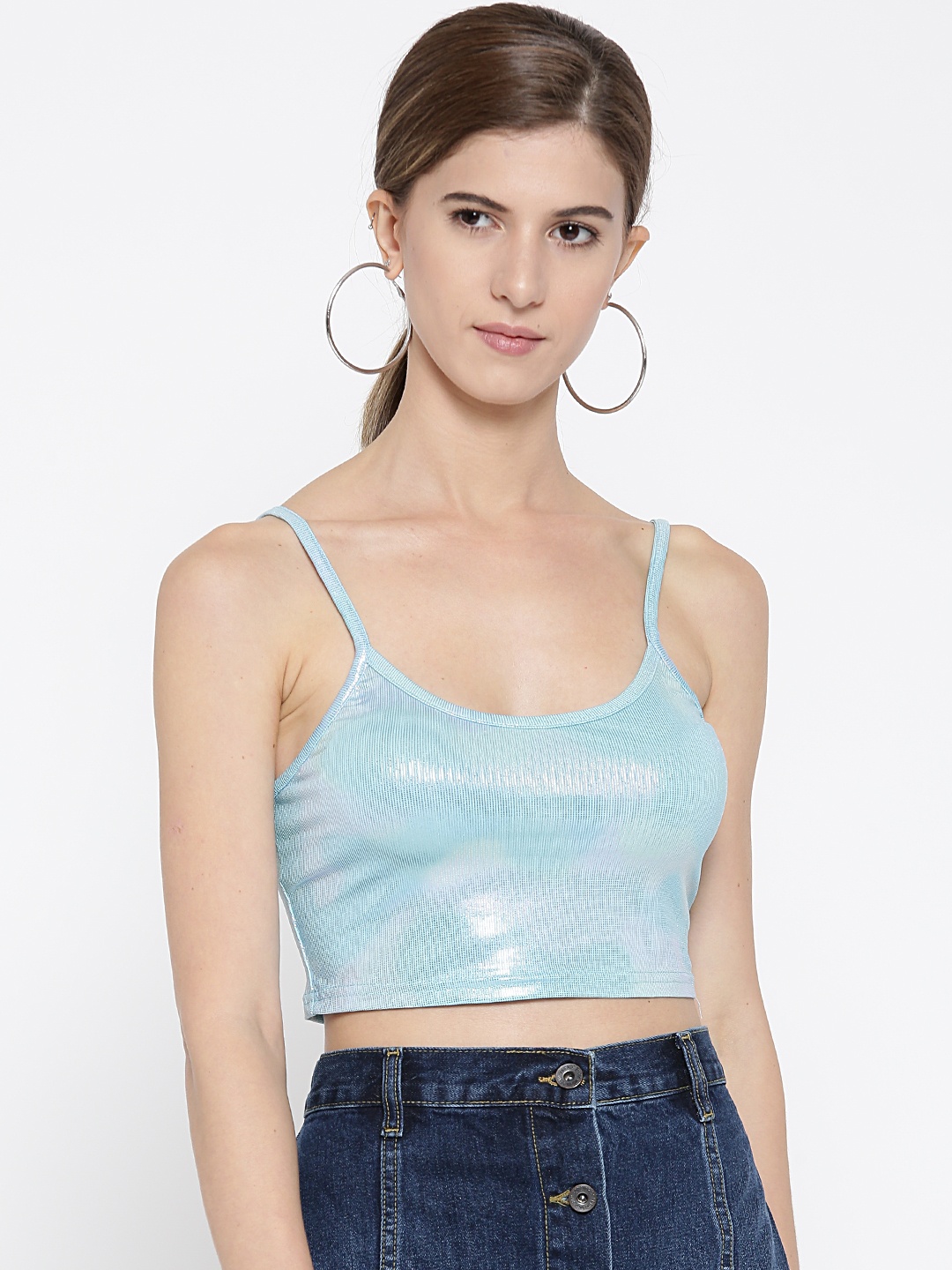 

FOREVER 21 Women Blue Solid Crop Fitted Top with Sheen