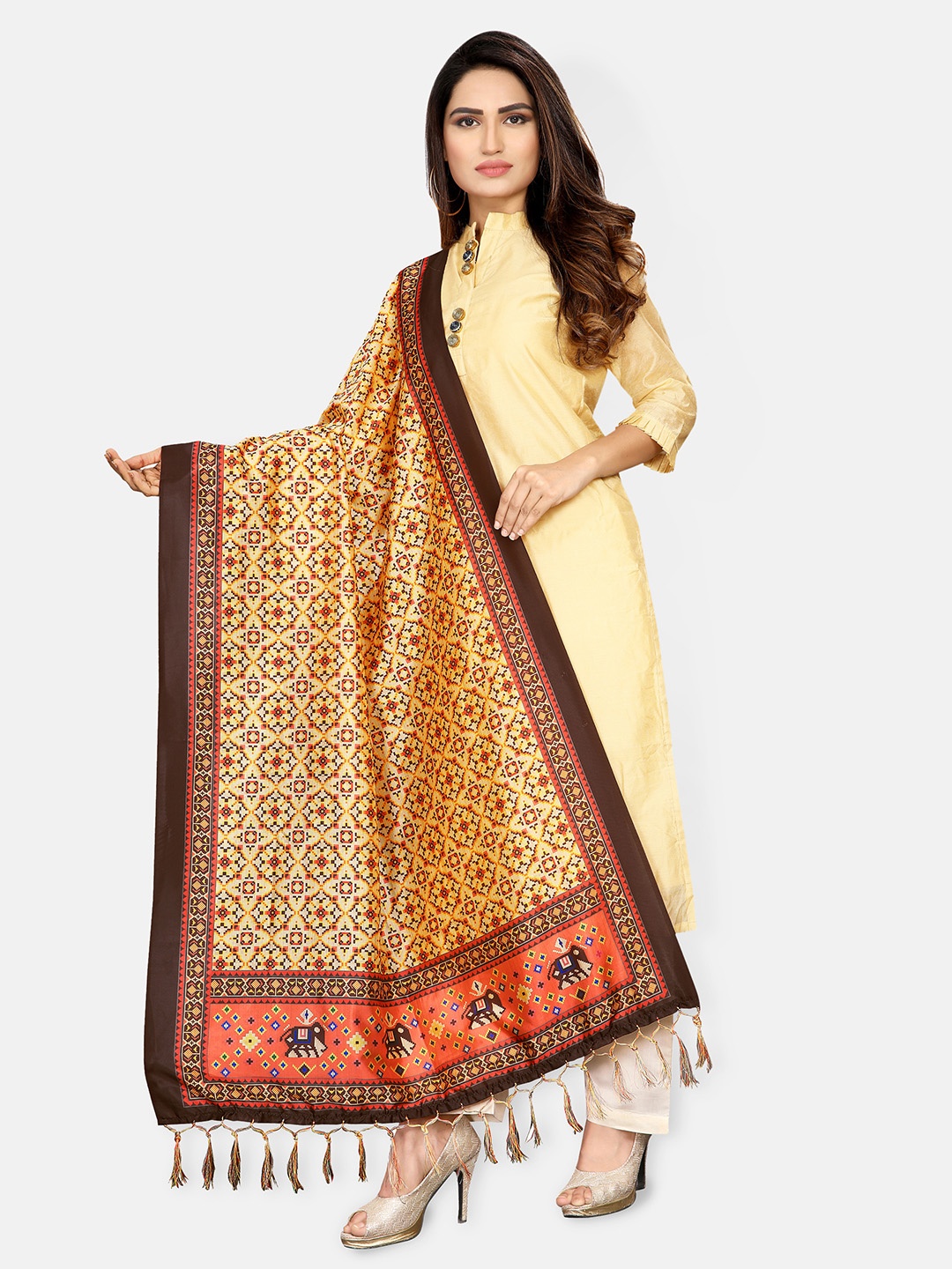 

Mclothings Brown & Orange Ethnic Motifs Printed Dupatta