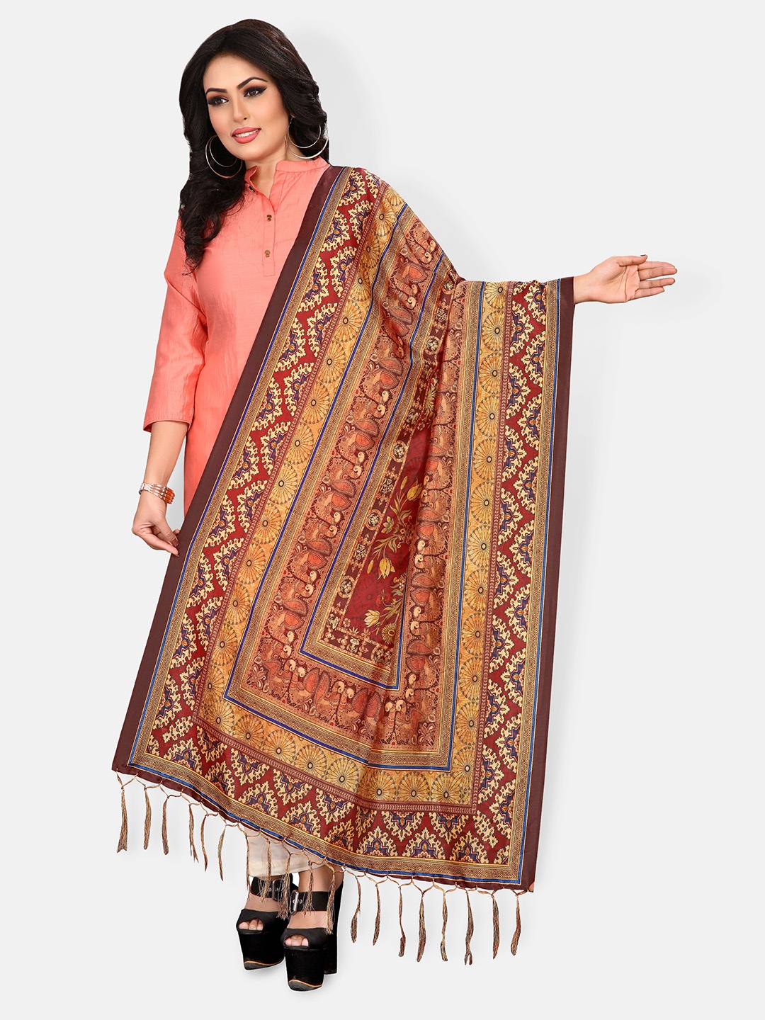 

Mclothings Brown & Red Ethnic Motifs Printed Dupatta