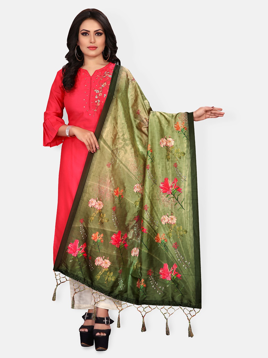 

Mclothings Green & Pink Printed Dupatta