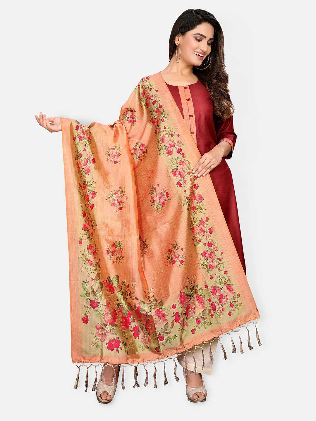 

Mclothings Peach-Coloured & Pink Printed Dupatta