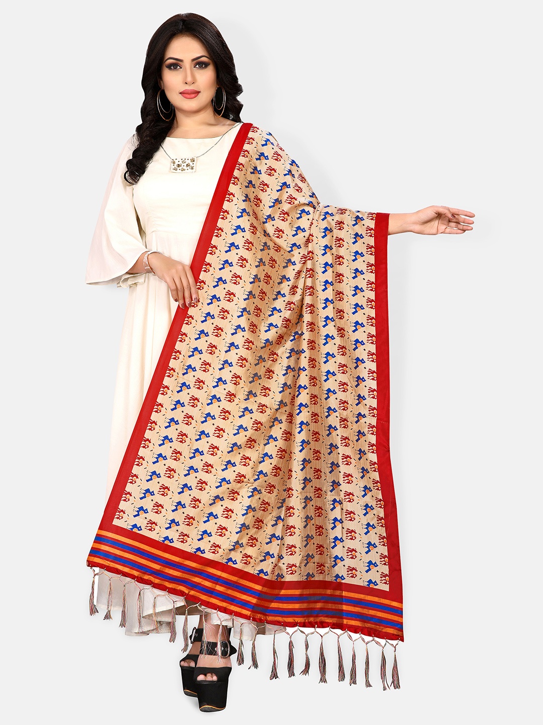 

Mclothings Cream-Coloured & Blue Ethnic Motifs Printed Dupatta