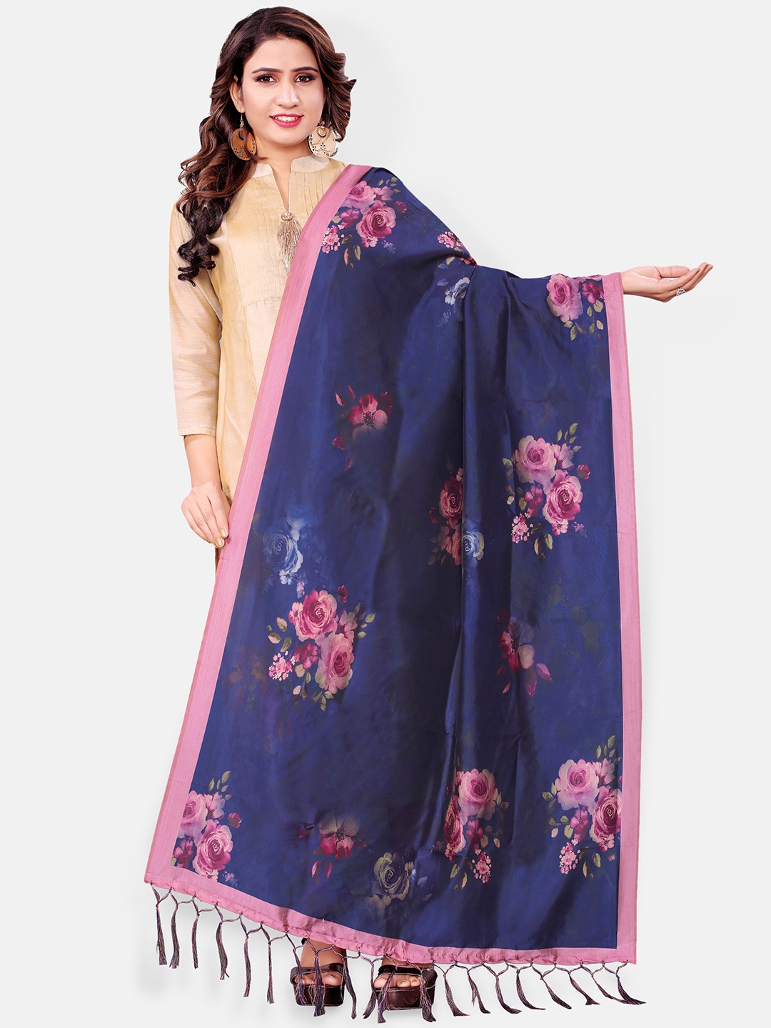 

Mclothings Navy Blue & Pink Printed Dupatta