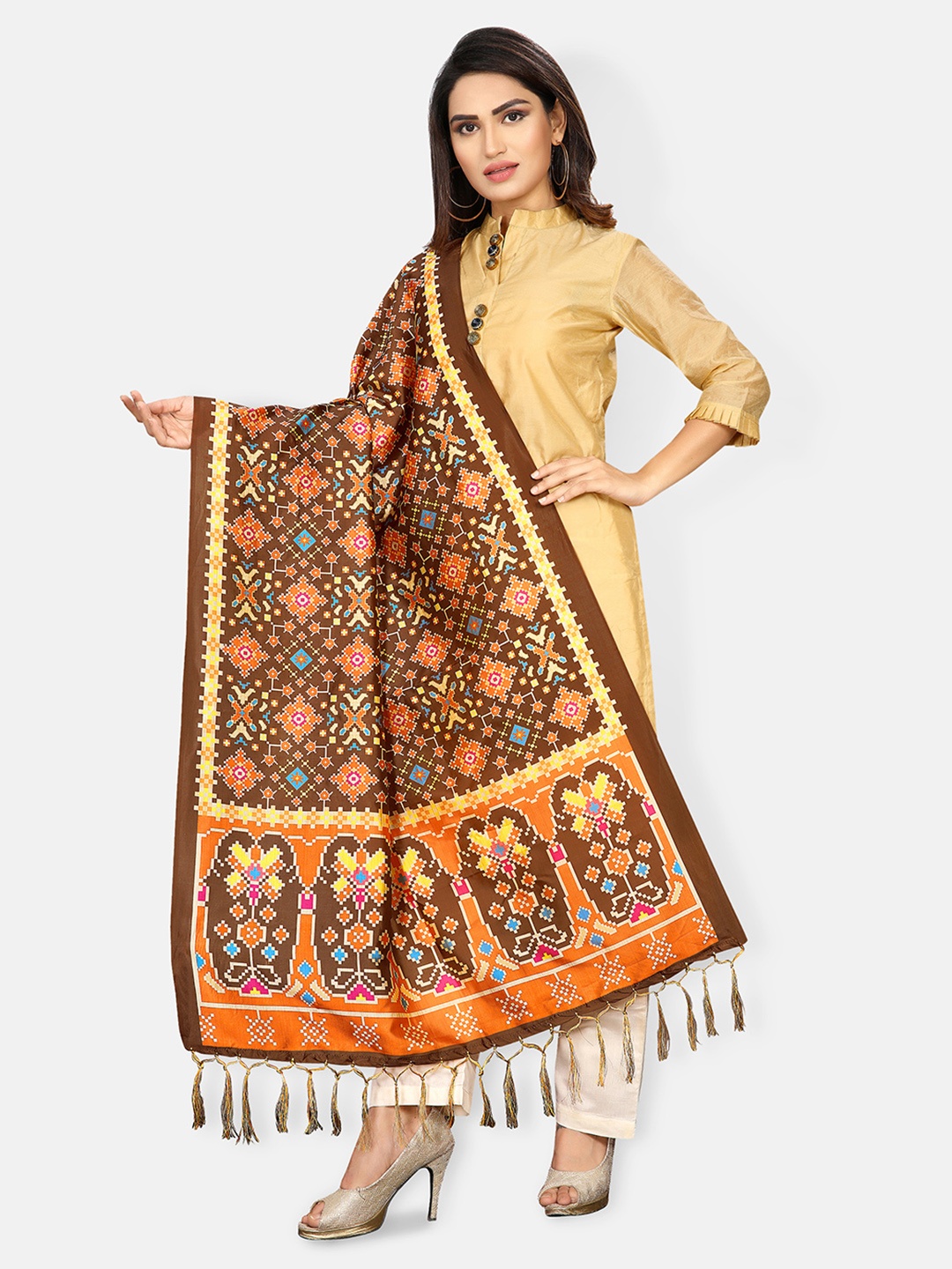

Mclothings Brown & Yellow Ethnic Motifs Printed Dupatta