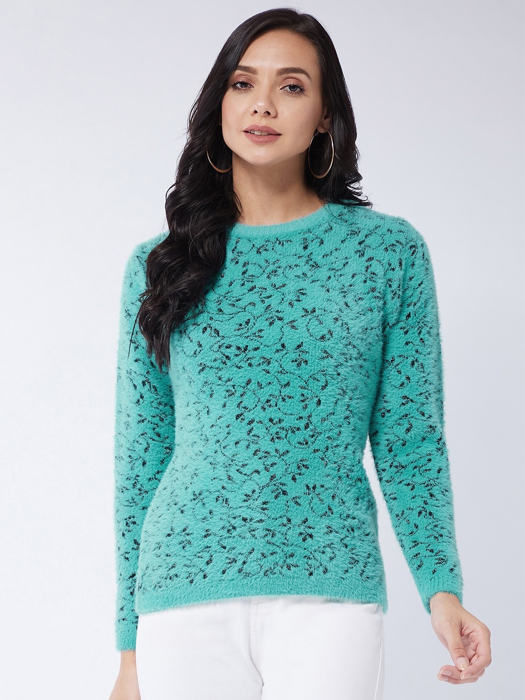 

Modeve Women Teal & Black Floral Acrylic Pullover