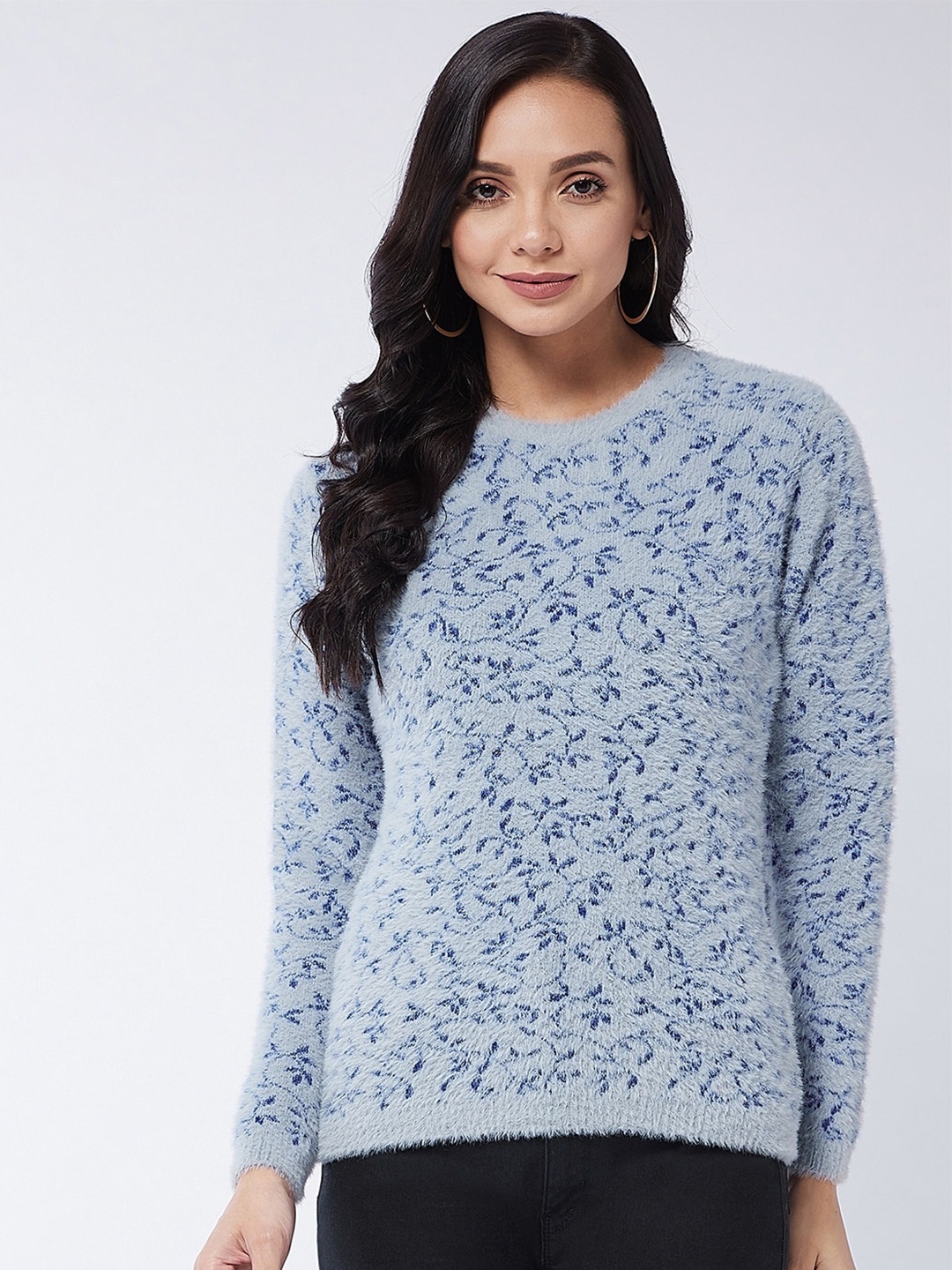 

Modeve Women Grey & Blue Floral Printed Acrylic Pullover