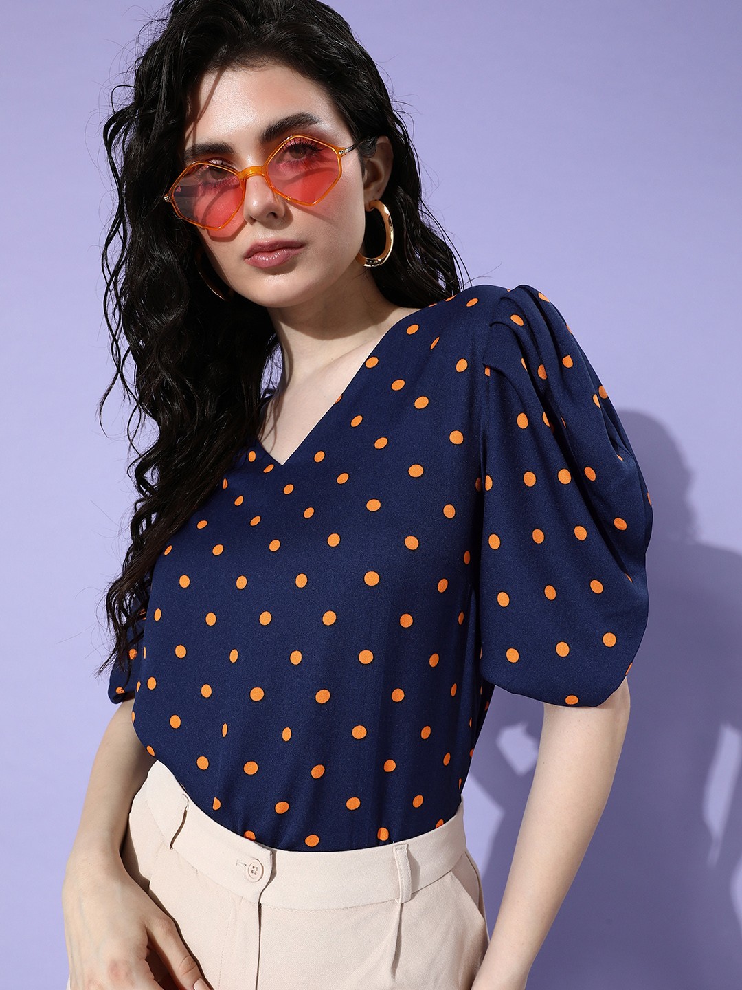 

her by invictus Polka Dot Printed Puff Sleeve Top, Navy blue
